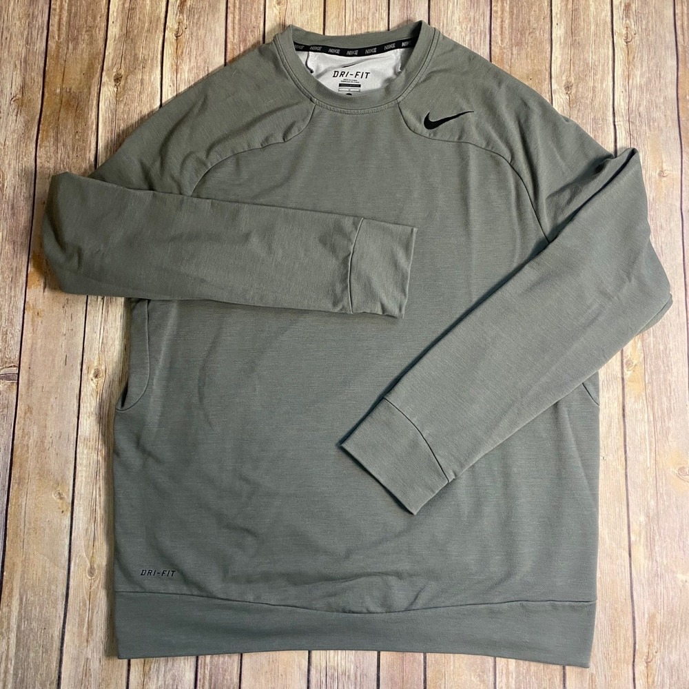Nike Dri-FIT Mens Training Pullover Long Sleeve Shirt Khaki Green Size L